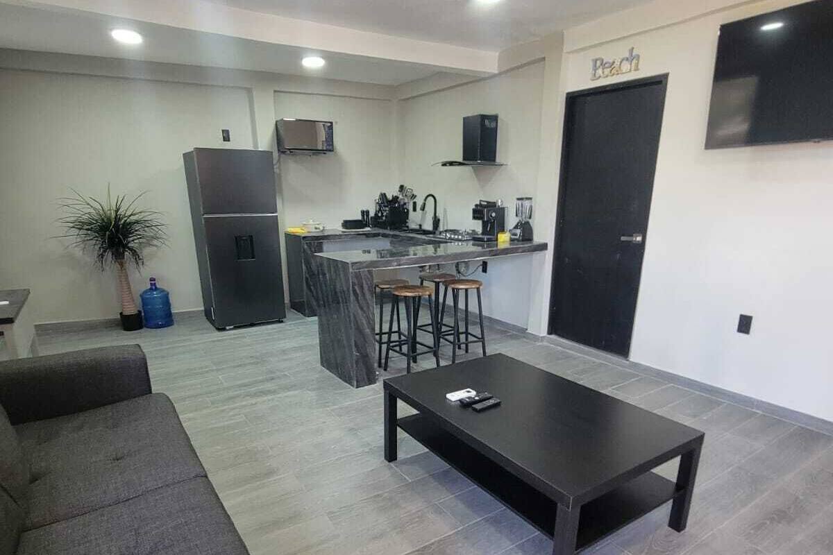 A modern living room with a grey sofa, a black coffee table, and a kitchen area with a fridge, sink, and bar stools.