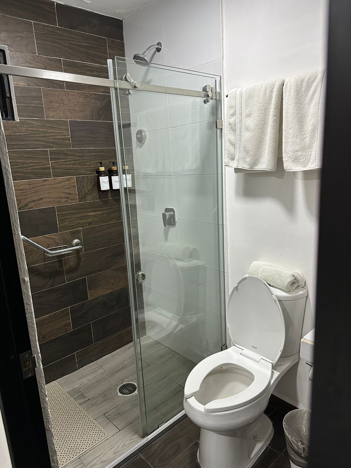 Un baño moderno con cabina de ducha de vidrio, inodoro blanco y toallero con toallas.