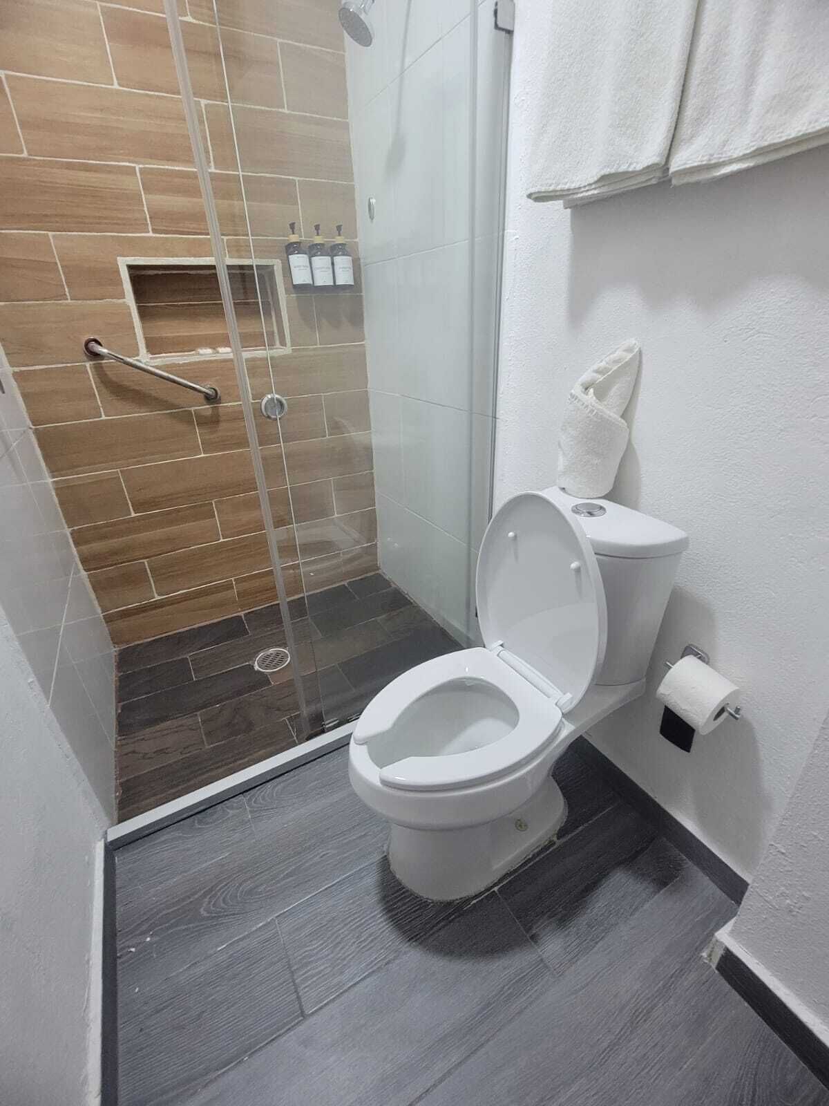 Un baño moderno con ducha de vidrio, inodoro blanco y un perchero para toallas.