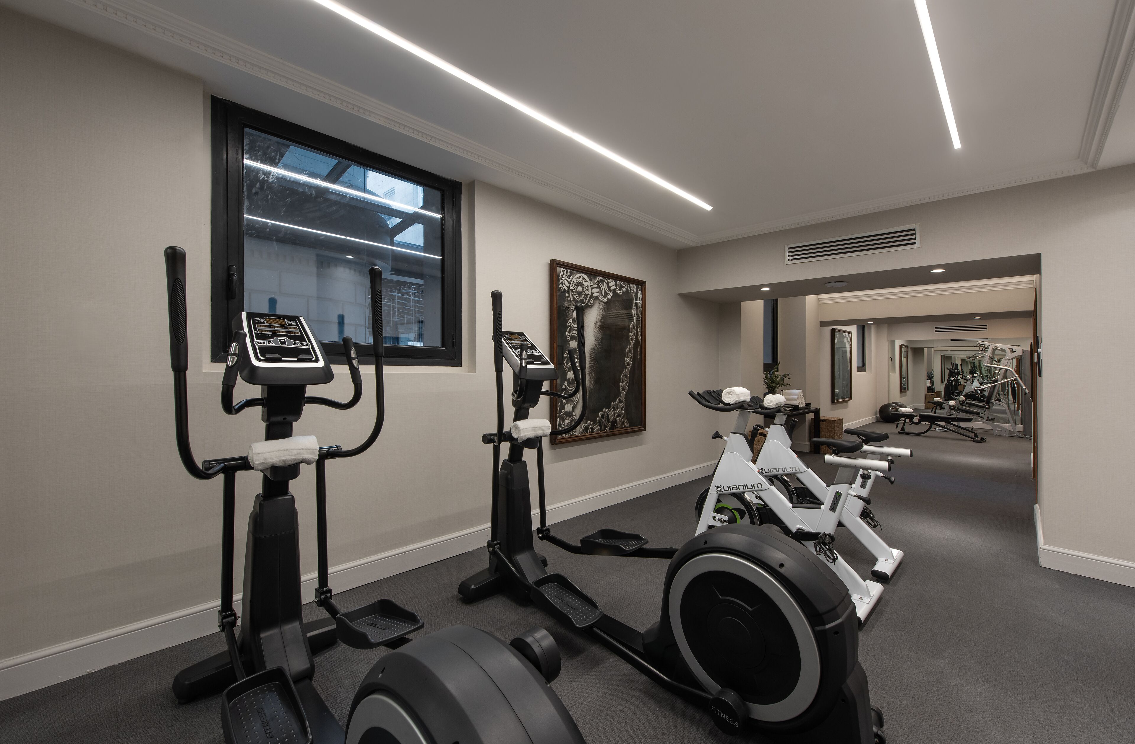 Un gimnasio con máquinas de cardio, una cinta de correr y una bicicleta estática.