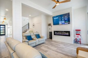 Smart TV, fireplace, video games, books
