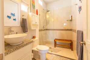 Shower, hair dryer, towels, soap