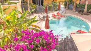 A pool area with lounge chairs and umbrellas, surrounded by tropical plants and a wooden fence.