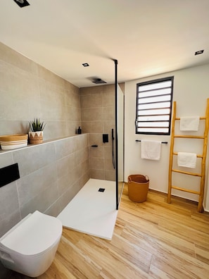 Shower, hair dryer, towels, soap