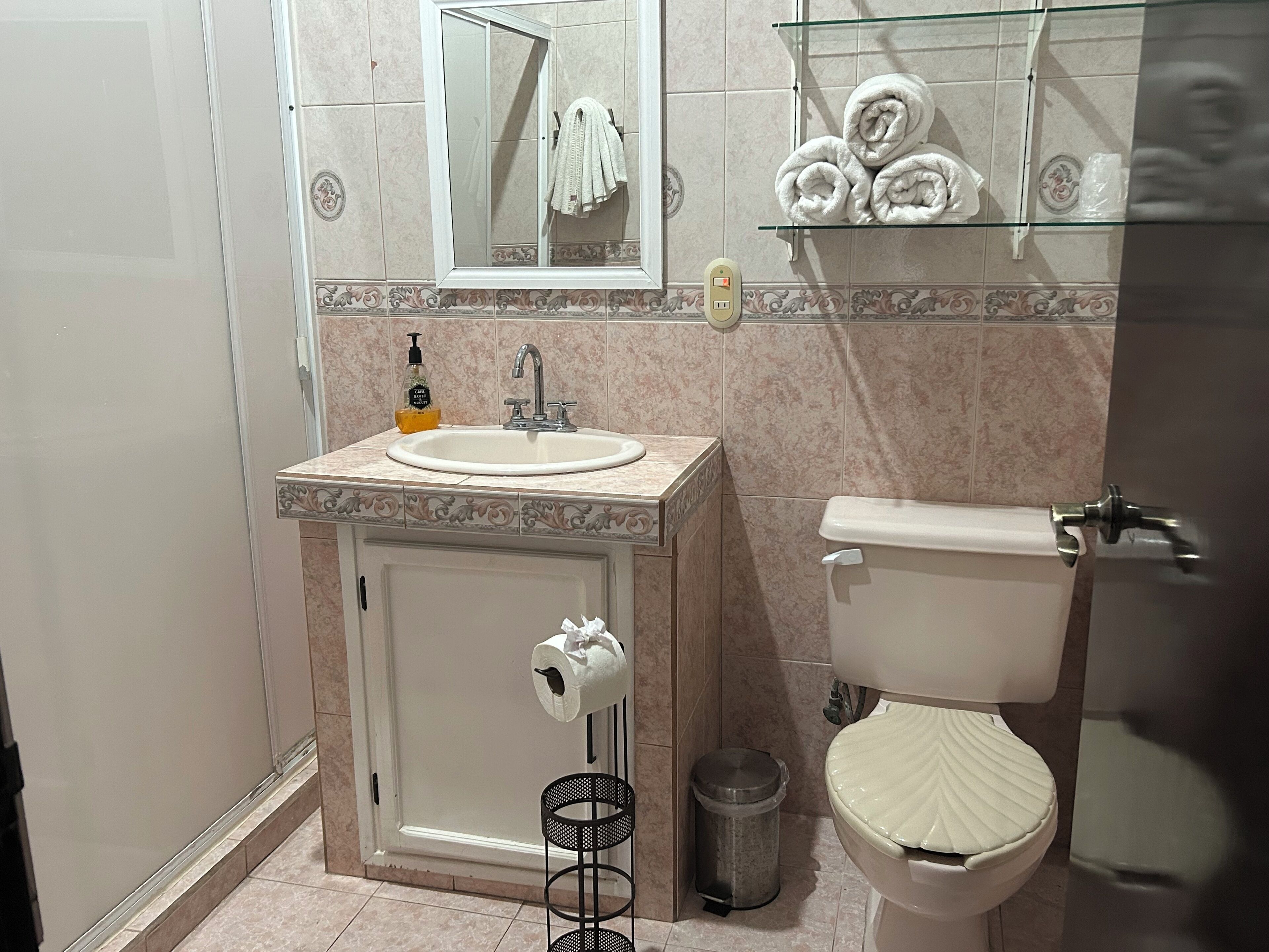 Un baño con lavabo, espejo, inodoro y un estante de vidrio con toallas.