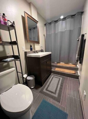 Hair dryer, bidet, towels, soap