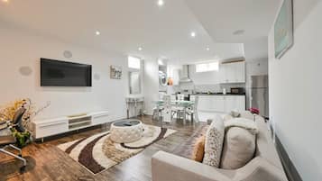 TV connectée, cheminée, jeux vidéo, lecteur de DVD