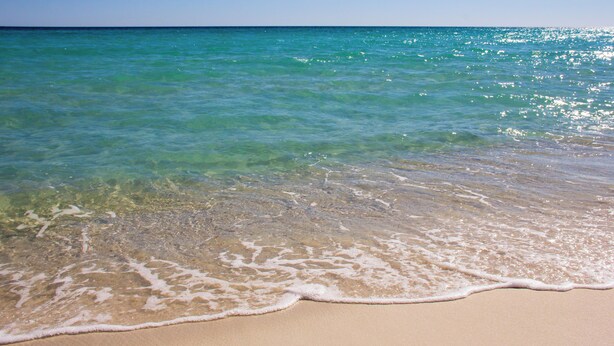 Una playa con agua turquesa cristalina y una orilla arenosa.