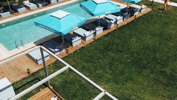 Outdoor pool, pool umbrellas, pool loungers