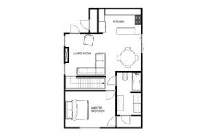 Plano de planta de una habitación de hotel con sala de estar, cocina, dormitorio principal y baño.