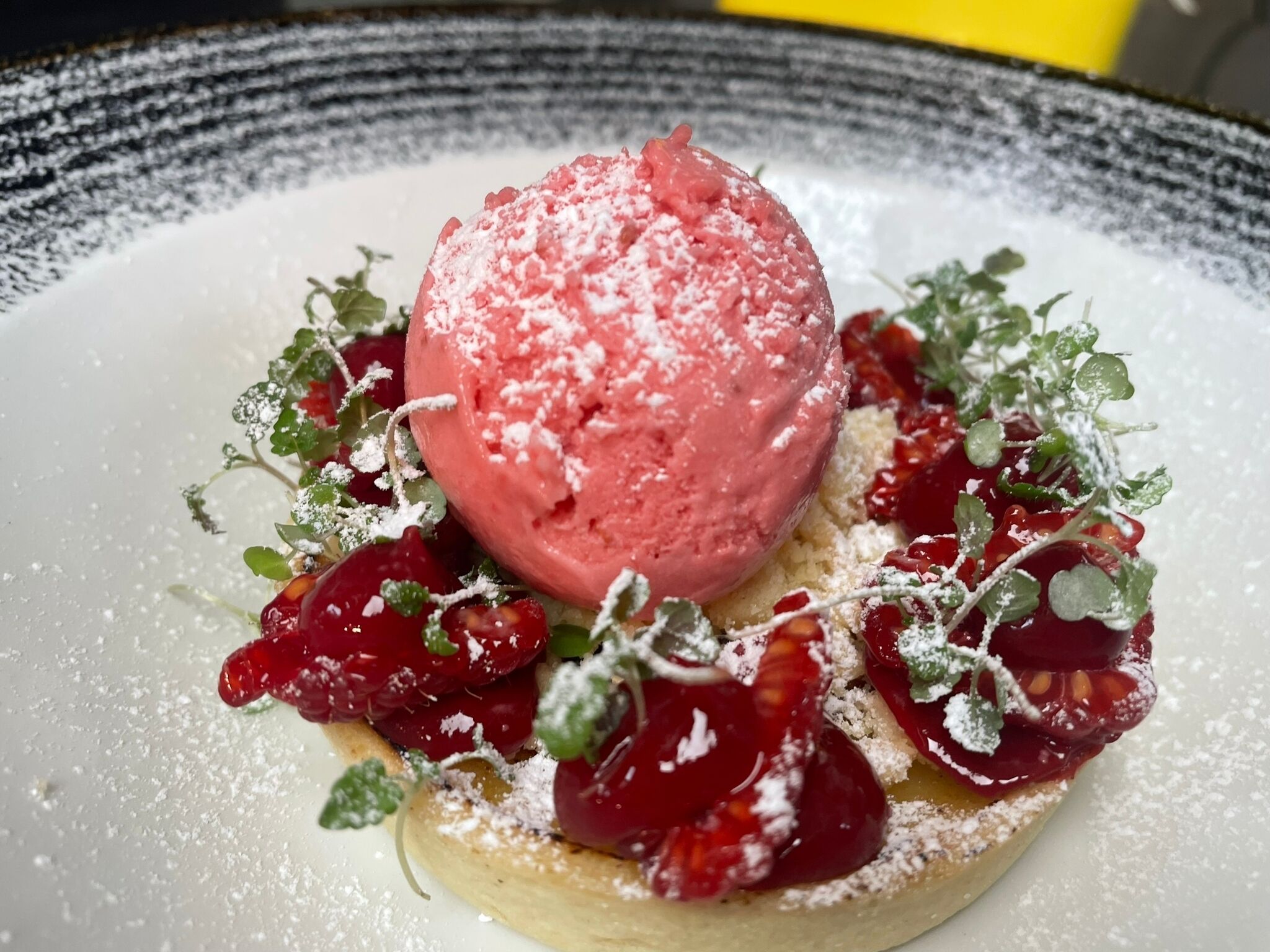 Un dessert composé d’une boule de glace rose servie dans une assiette, décorée de baies rouges et de feuilles vertes.