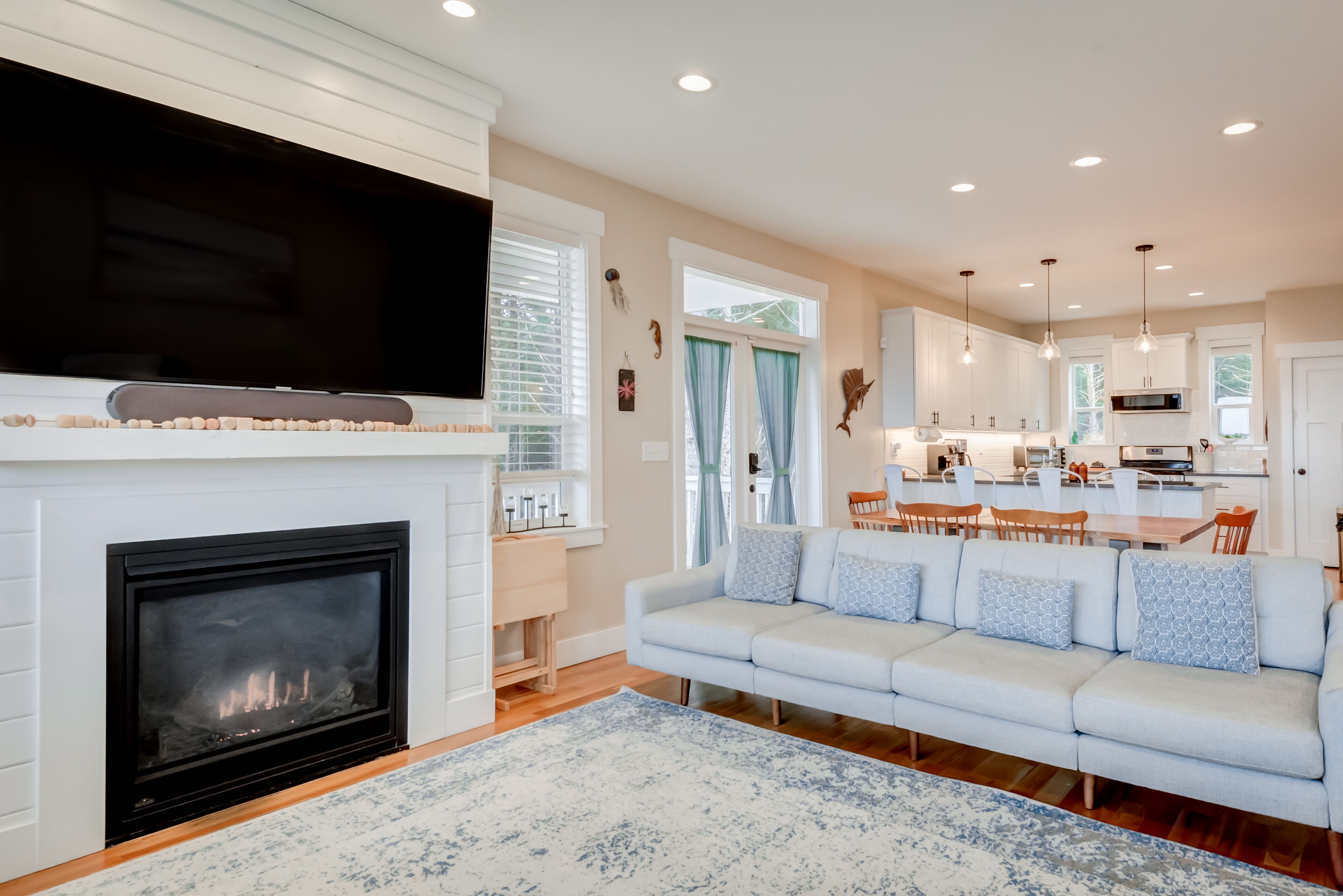 Smart TV, fireplace, video games, DVD player