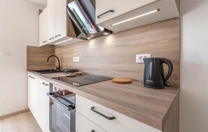 Fridge, stovetop, dishwasher, coffee/tea maker