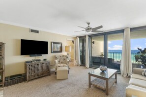 Condo, Multiple Beds, Balcony, Ocean View (Watercrest 705) | Living area | 40-inch TV with digital channels - Stunning 2/2 Designer Condo w Coastal Appeal Right on the Gulf! (Panama City Beach)