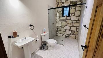 Jetted tub, hydromassage showerhead, towels