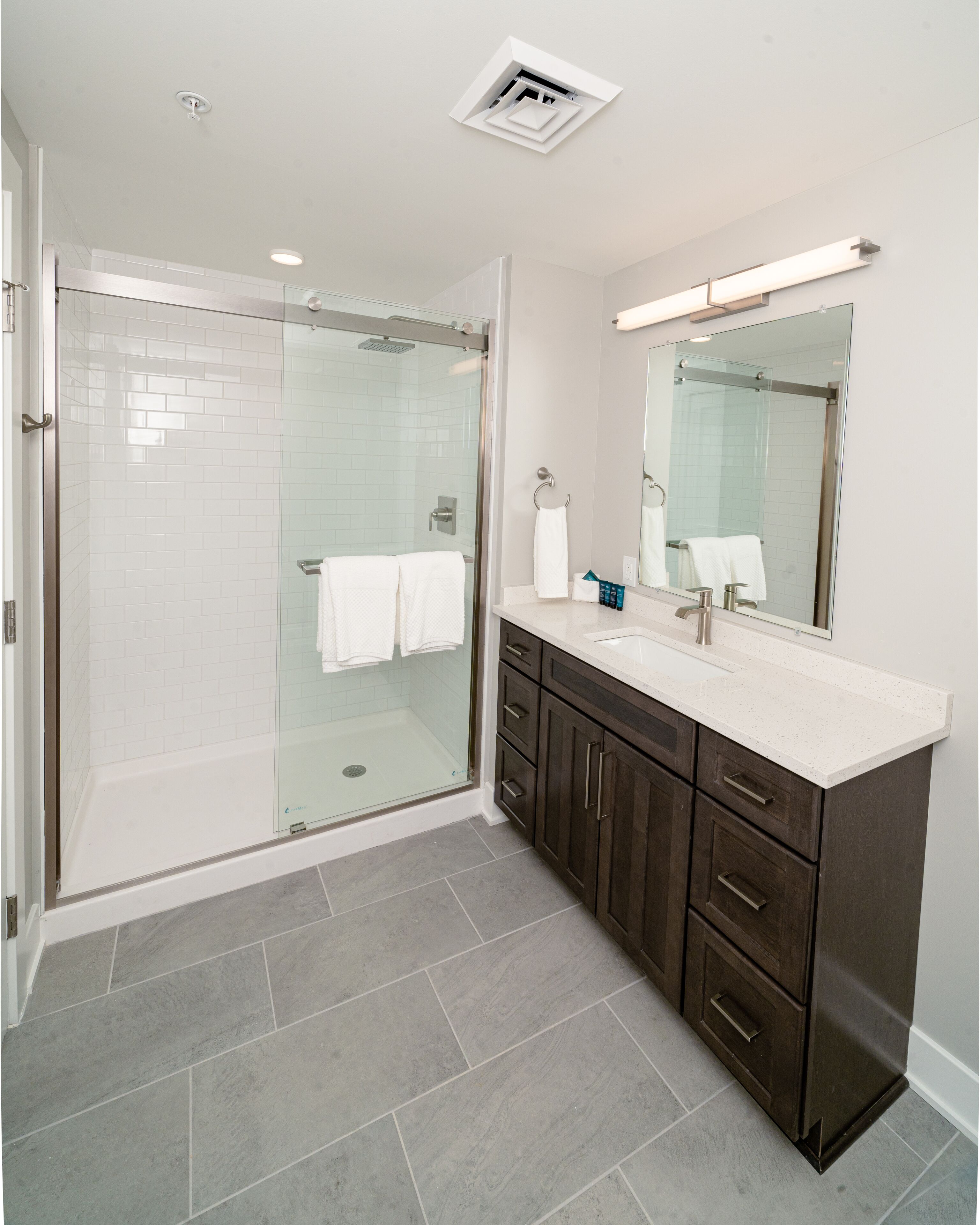 Shower, towels, soap, shampoo