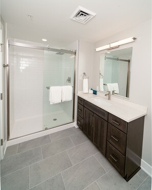 Shower, towels, soap, shampoo