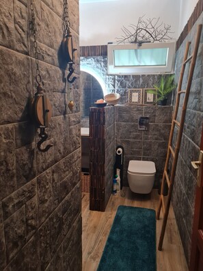 Hair dryer, towels, soap, shampoo