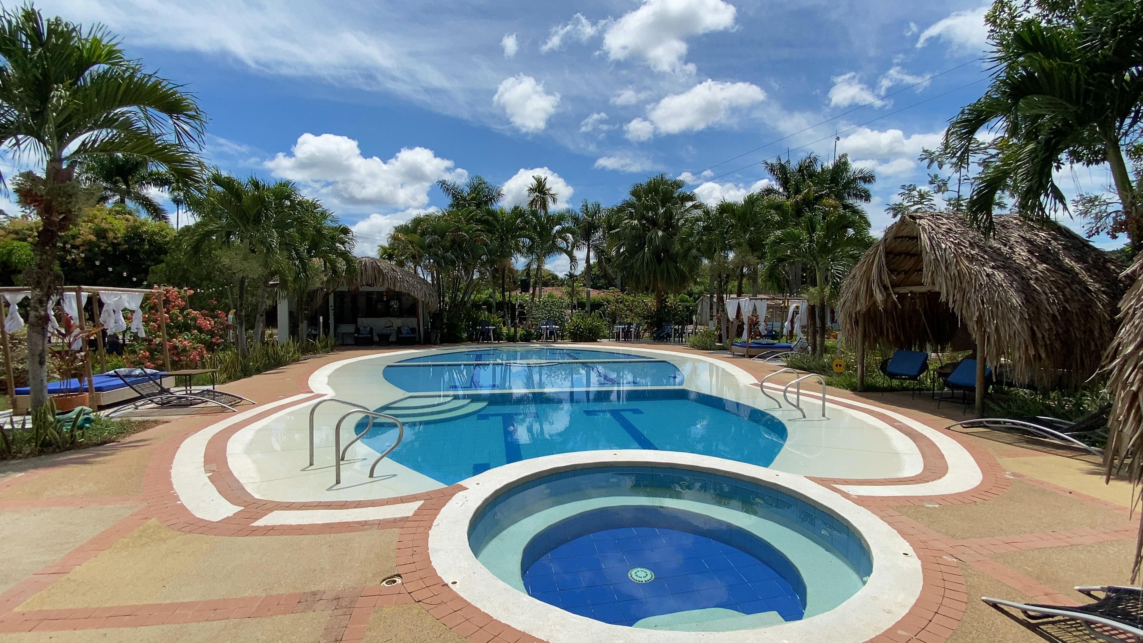 A large outdoor swimming pool with two distinct sections, surrounded by palm trees and lounge chairs.