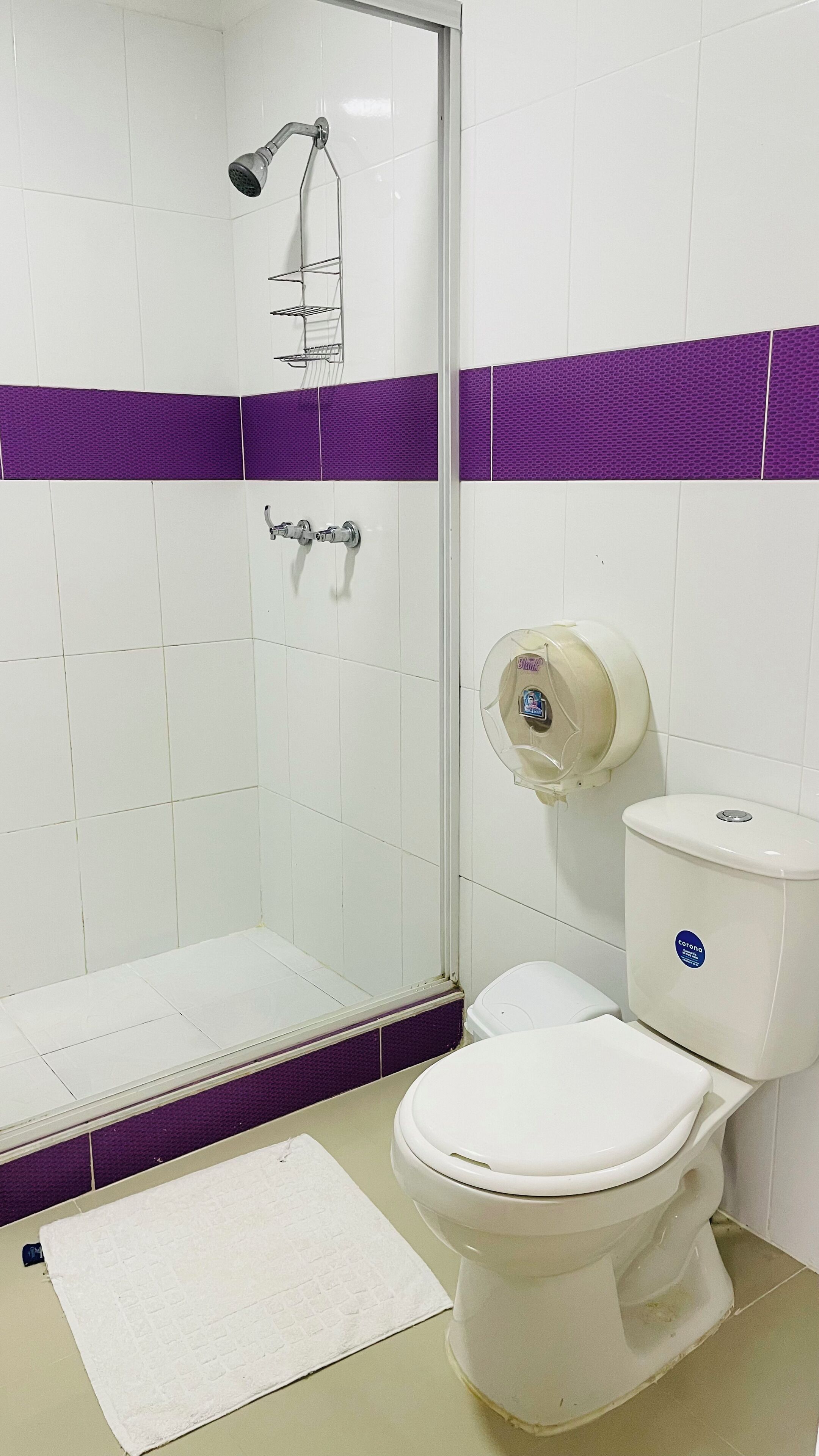 A bathroom with a shower, toilet, and a hand dryer.