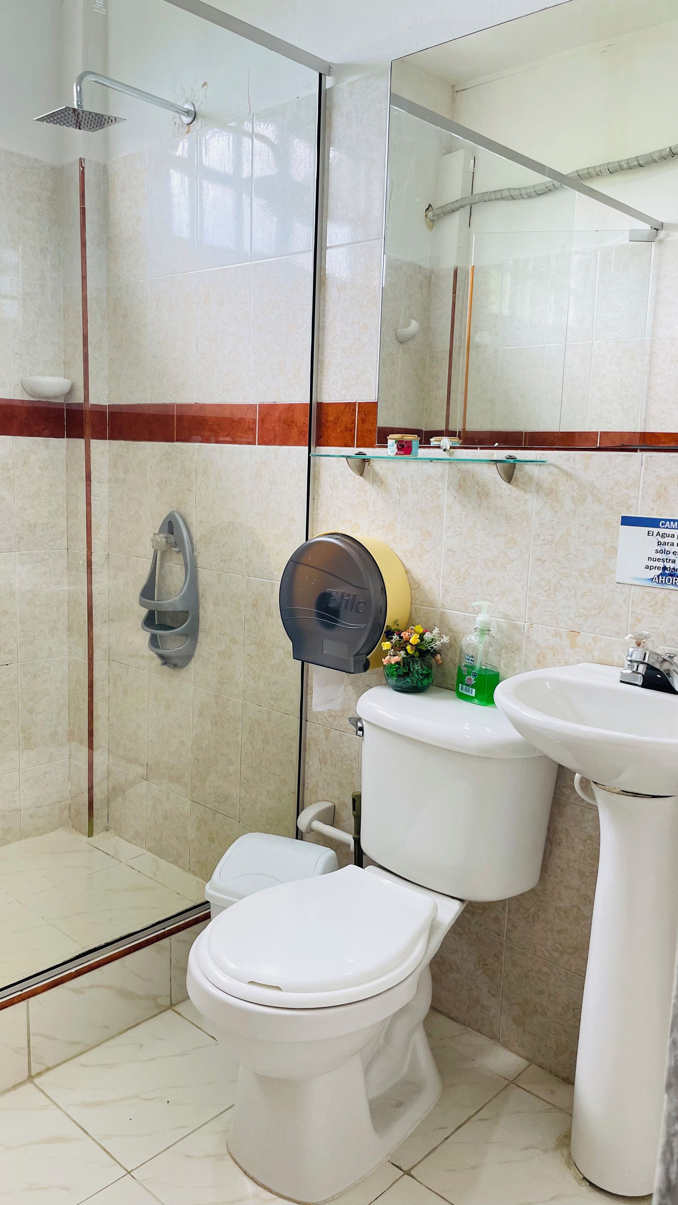 Baño con inodoro, lavabo, ducha y mampara de vidrio.
