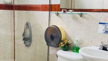 Baño con inodoro, lavabo, ducha y mampara de vidrio.