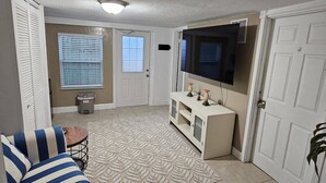 A living room with a striped sofa, a TV on a stand, a patterned rug, and a door with a window.