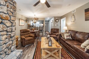 Smart TV, fireplace, books