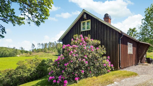 Een rustiek houten huis met een schuin dak, schoorsteen en klein terras.