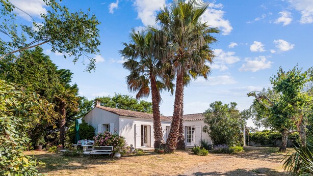 A rustic house with a tiled roof, surrounded by a garden with palm trees and various plants.