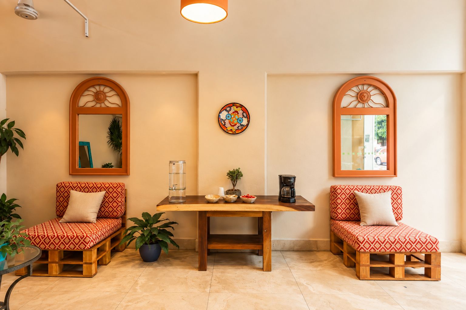 A room with two patterned sofas, a wooden table with a coffee maker, a water dispenser, and a decorative plate.