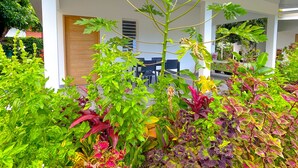 A covered outdoor area with a variety of plants and a seating area with tables and chairs.