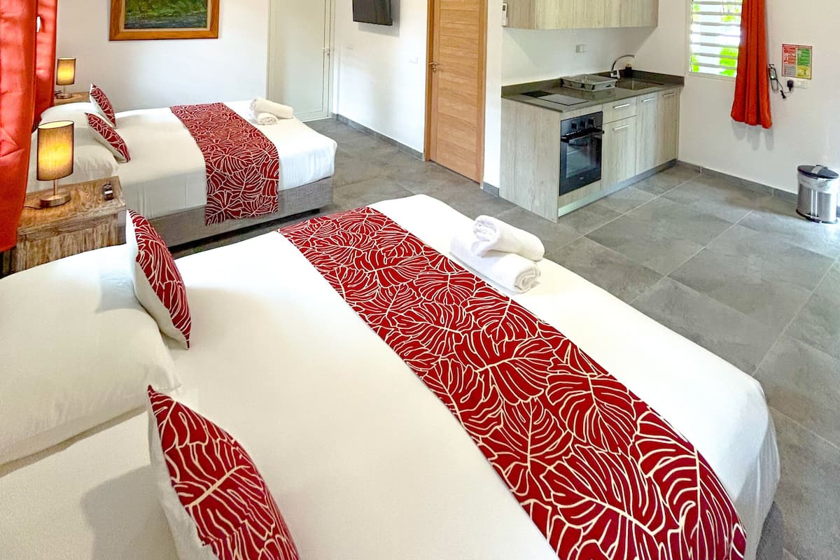 Una habitación de hotel con dos camas, una kitchenette, un televisor y un cuadro en la pared.