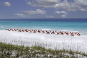 A beach with rows of beach chairs and umbrellas, a clear sky, and the ocean in the background.