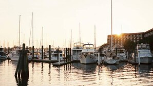 A marina with multiple boats docked at the pier. - Lovely 1 BR with King bed Apt 2 (New Bern)