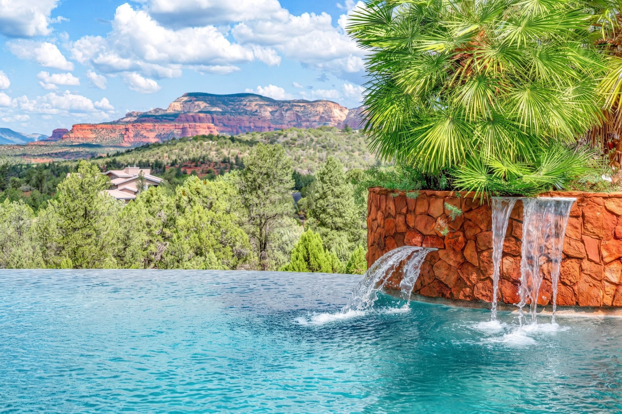 A swimming pool with a waterfall feature, surrounded by lush greenery and a mountainous landscape in the background.