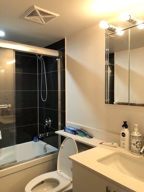 Hair dryer, towels, soap, shampoo