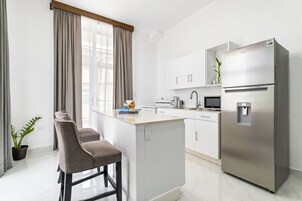 Luxury Apartment | Private kitchen | Fridge, microwave, oven, coffee/tea maker