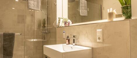 A modern bathroom with a glass shower enclosure, a white sink, and a large mirror.
