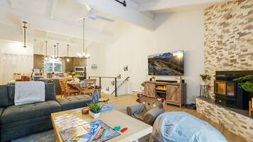 Smart TV, lareira, DVD player, livros