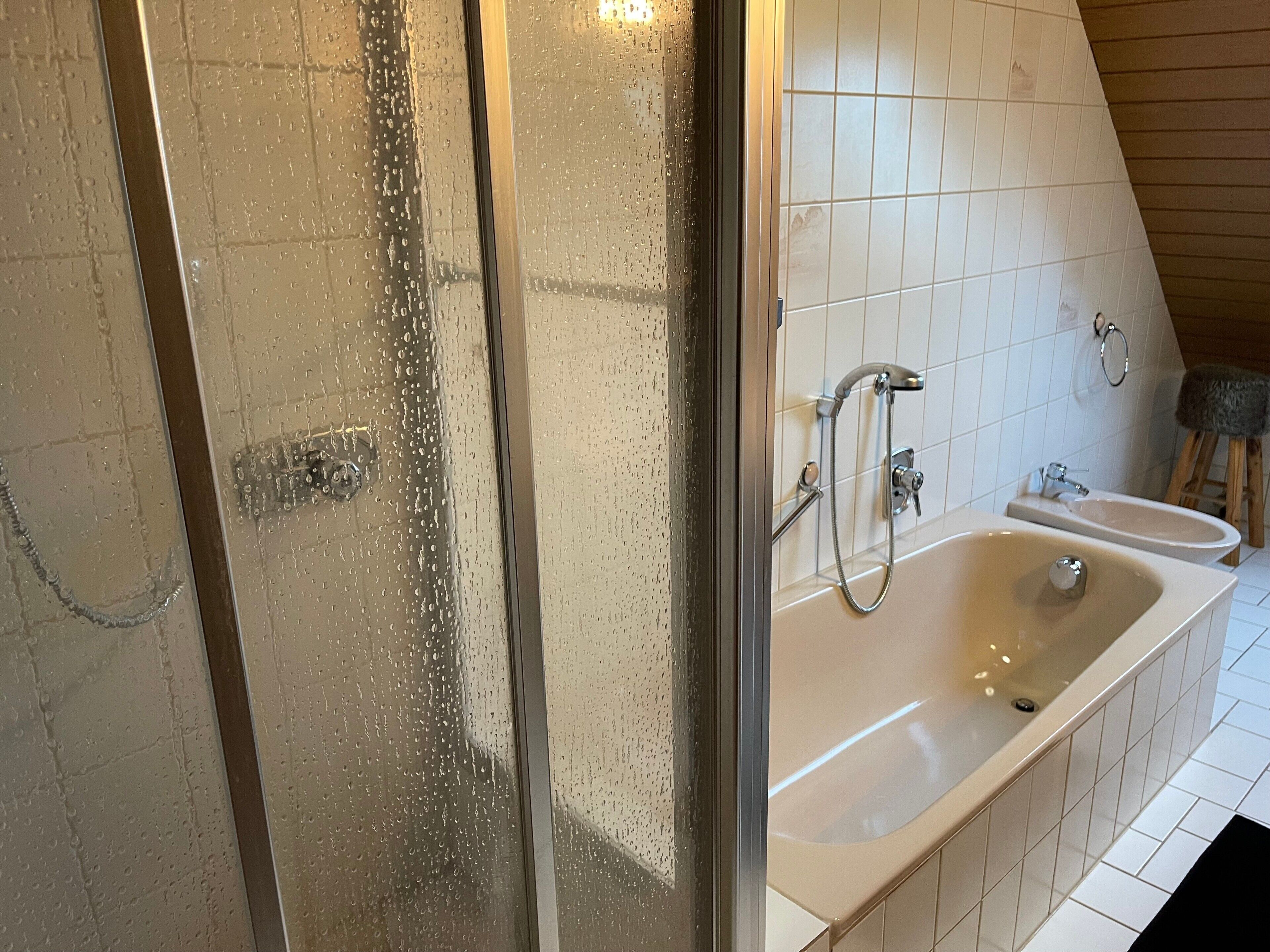 Bathtub, hair dryer, towels