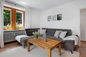 A modern living room with a grey sofa, a wooden coffee table, and a window with curtains. - Holiday Apartment "Haus Bergruh Fuchsbau" with Mountain View, Private Terrace & Wi-Fi (Todtnauberg)