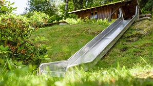 A metal slide in a grassy area with a wooden structure in the background. - Holiday Apartment "Fuchsmichelhof 2" (Seebach)