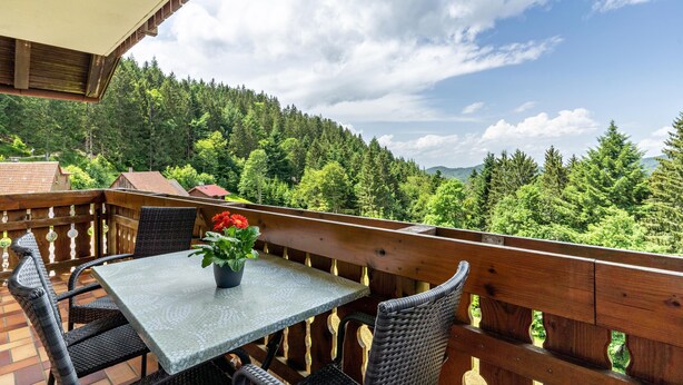 A balcony with a table and chairs, a potted plant, and a view of a forested hillside. - Holiday Apartment 'Fuchsmichelhof 3' (Seebach)