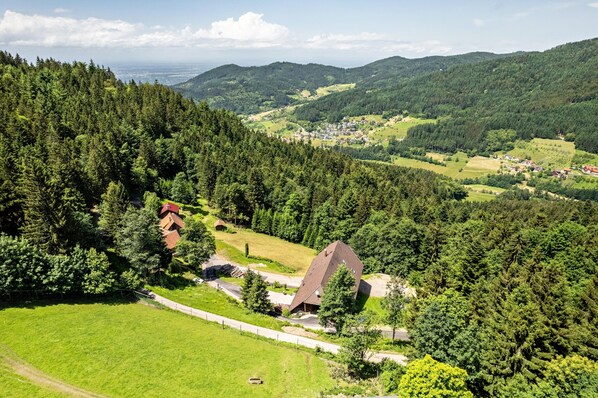Un paysage rural avec une maison entourée d’une forêt dense, un ciel dégagé et des collines lointaines.