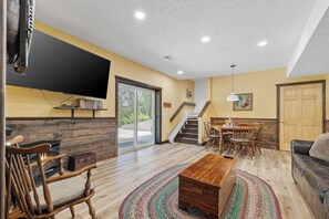 Smart TV, fireplace, video games, DVD player