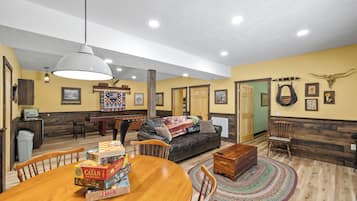 Smart TV, fireplace, video games, DVD player