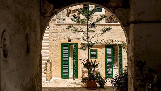Ein gewölbter Gang mit Kopfsteinpflasterboden, der zu einem Gebäude mit grünen Fensterläden und einem Blumentopf führt.