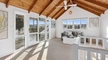 TV, fireplace, books, offices