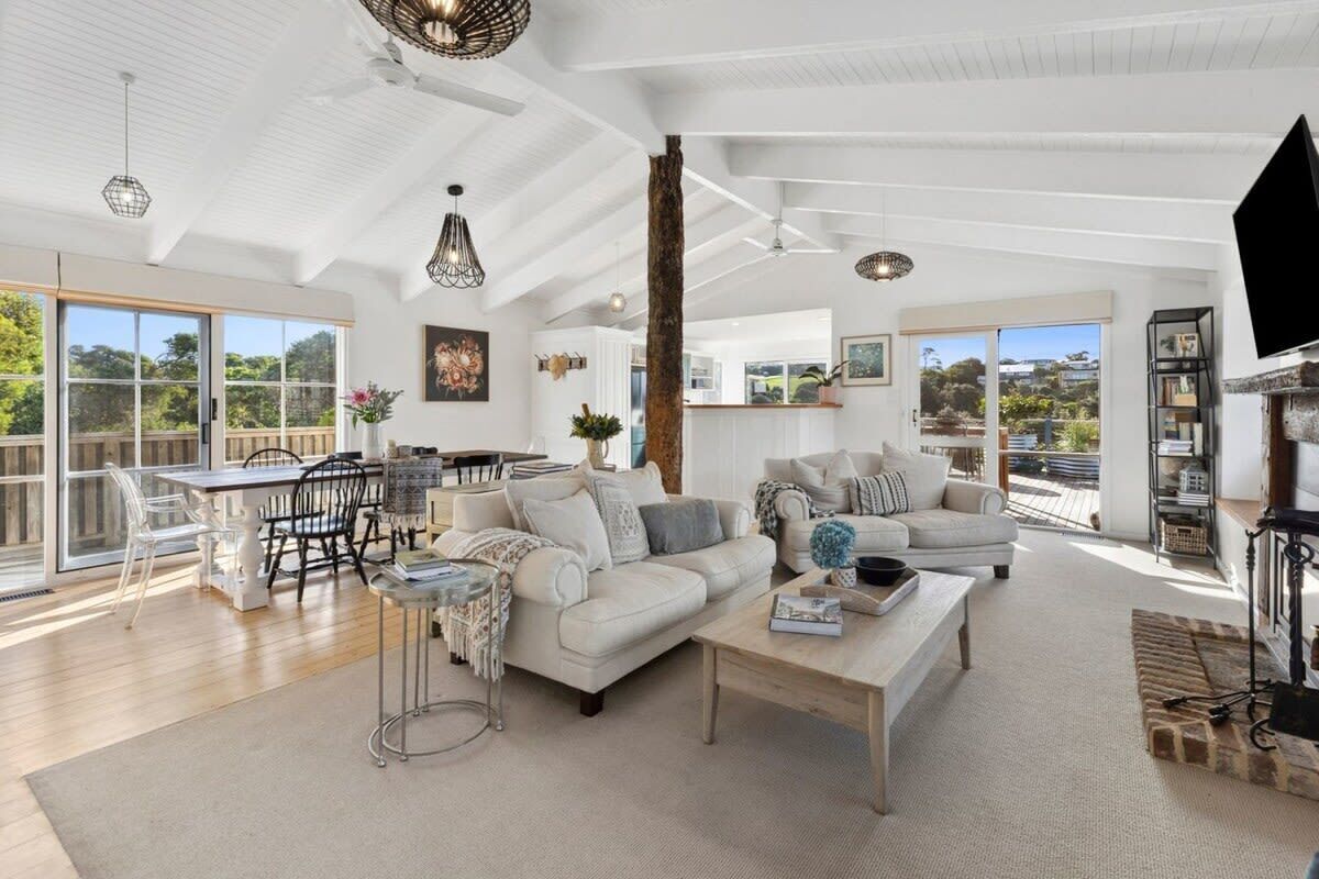 TV, fireplace, books, offices